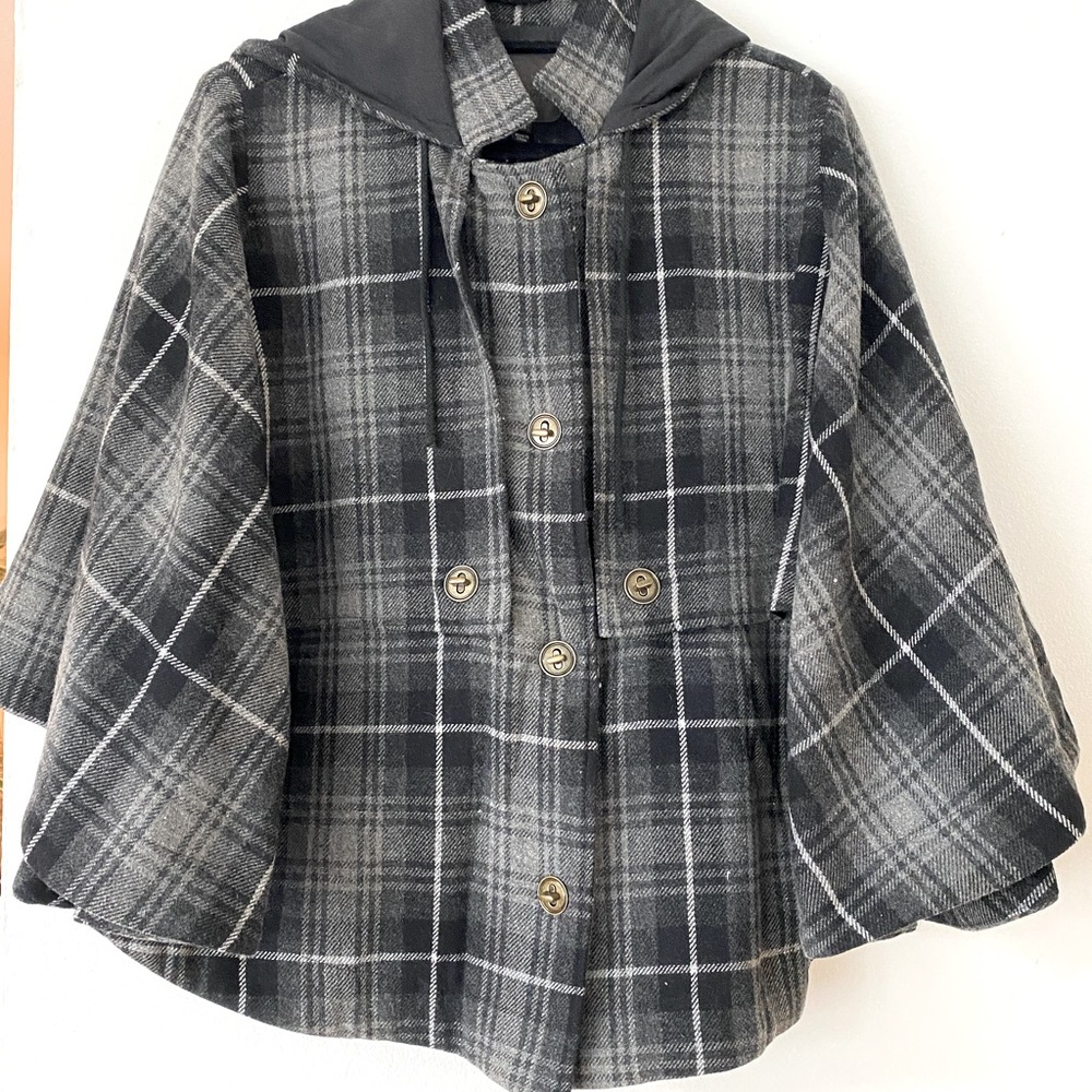 Joie Lux Black and Gray Plaid Wool Hooded Cape